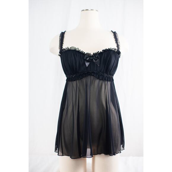 Vintage Y2K Black Ruched Sheer Babydoll Lingerie Sequin Glam Fairycore Nightie M - Picture 1 of 11